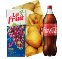 Combo salgadinhos, suco e Coca Cola