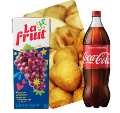 Combo salgadinhos, suco e Coca Cola